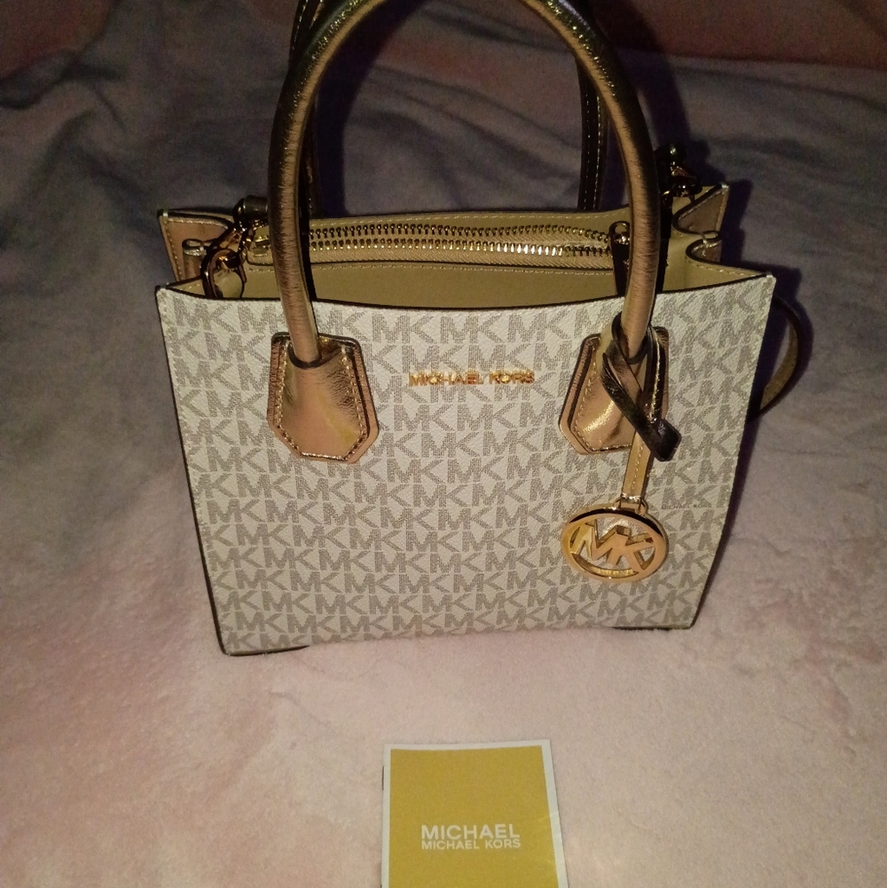 Michael Kors Monogram Beige and Gold Satchel